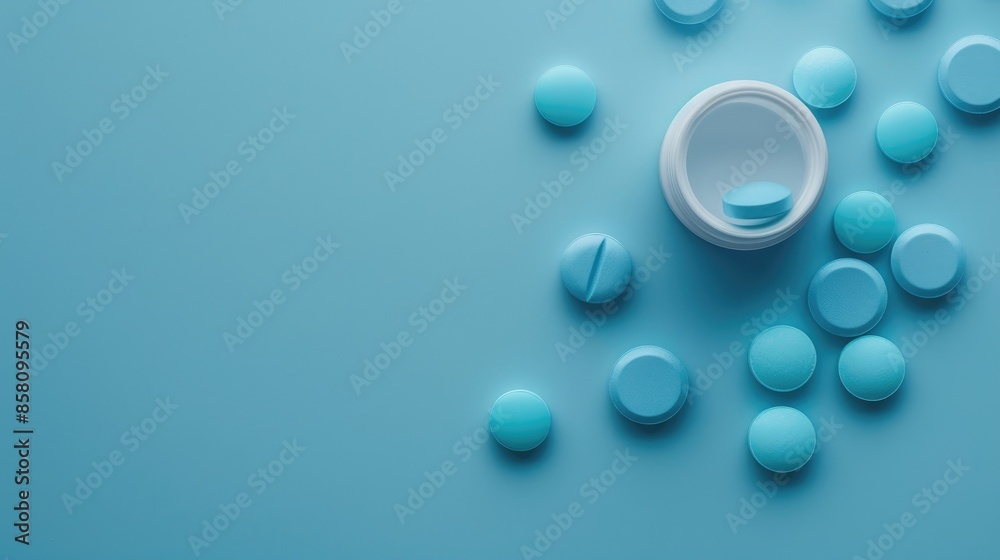 Blue medication in a container with empty space around it flat view Blue medication in a container with empty space around it flat view