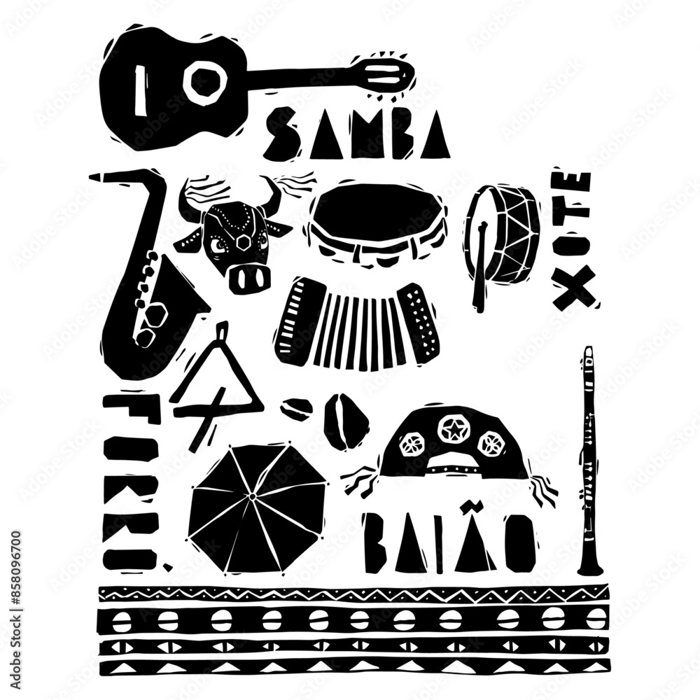 MÚSICA NORDESTINA, festa junina, nordeste, lampião, samba, xote, forró, bumba meu boi, frevo, xilogravura, ilustração, vetor, baião, pandeiro, violão, sanfona, viola, gaita, zabumba, triângulo, chapéu