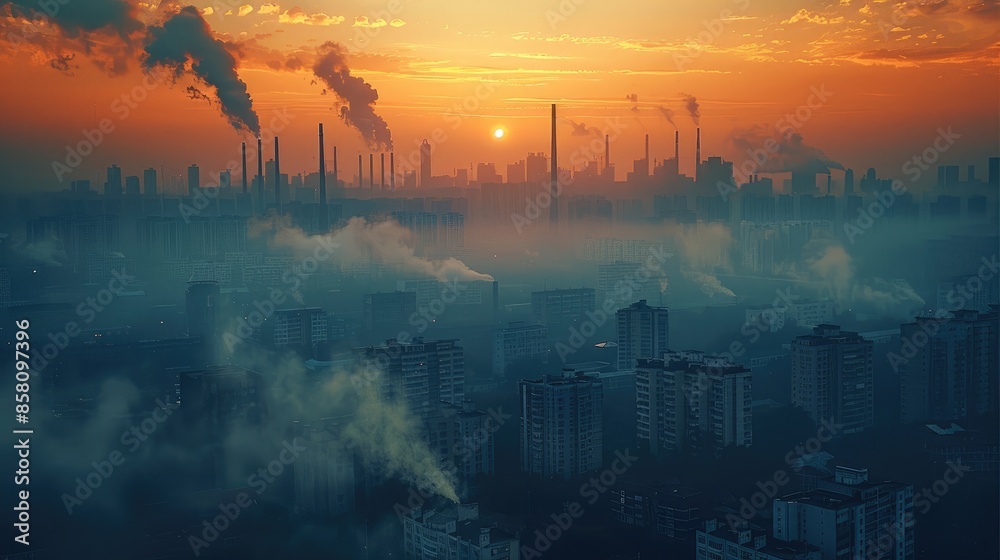 A polluted skyline. Aerial high view. Generative AI. A polluted skyline. Aerial high view. Generative AI.