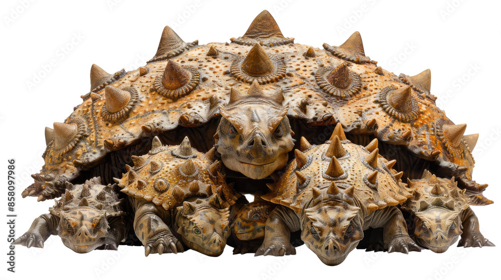 Obraz premium photograph of a group of Ankylosaurs huddled together for defense, with their armored shells visible, against a transparent background