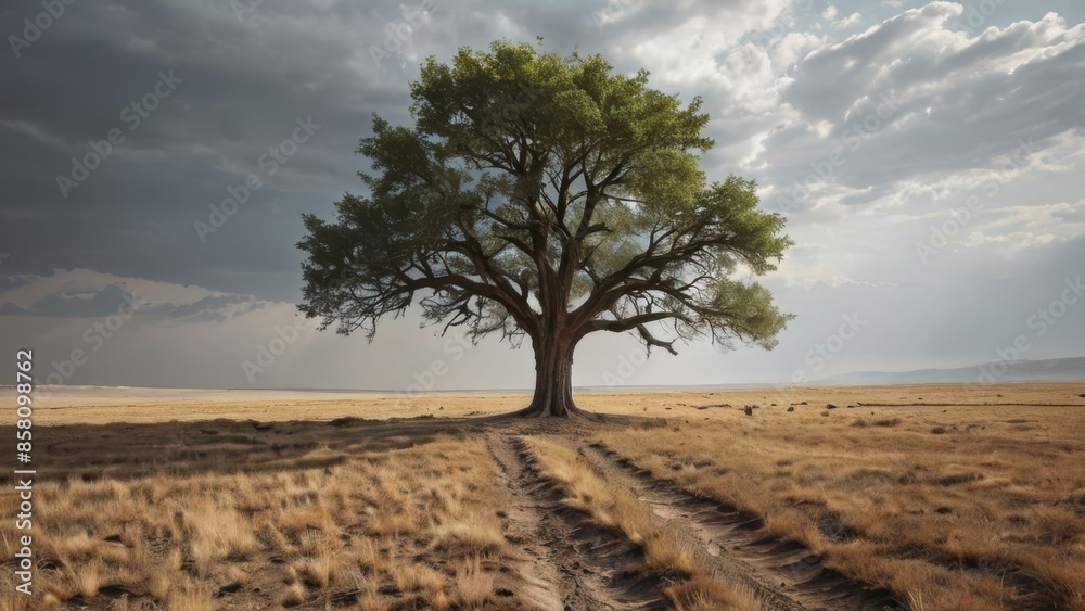 Fototapeta premium An artistic picture of a lone tree in the middle of a vast, empty landscape. The tree is placed off-center, under dramatic skies.