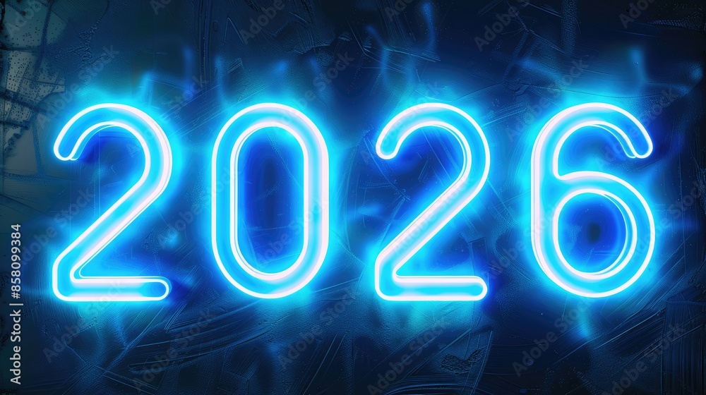 Write 2026 on an empty solid background with bright blue color, in a futuristic neon style. Generative AI. Write 2026 on an empty solid background with bright blue color, in a futuristic neon style. Generative AI.