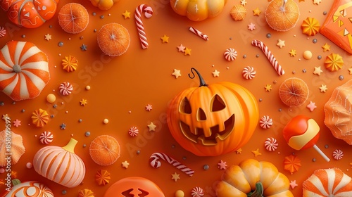 Halloween orange background with jack-o'-lantern pumpkin and sweets. Spooky decor and religious holiday concept. For All Saints' Eve celebration. Flat lay with copy space for poster, banner, card