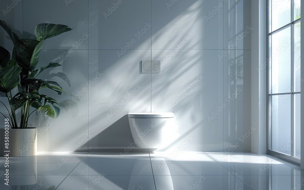 Modern Bathroom With White Tile and Sunlight Streaming Through Window Modern Bathroom With White Tile and Sunlight Streaming Through Window
