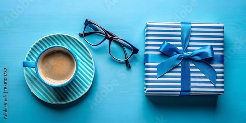 Vibrant blue flat lay with Coffee, eyeglasses, and striped gift boxe