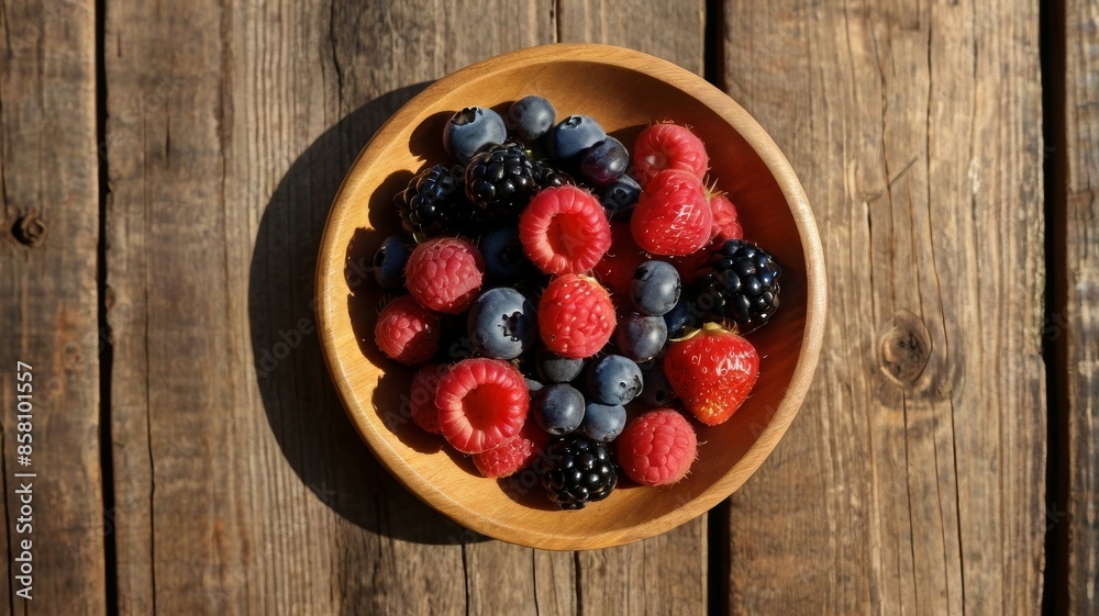 Berries on the wooden plate on the windowsill. Generative AI. Berries on the wooden plate on the windowsill. Generative AI.