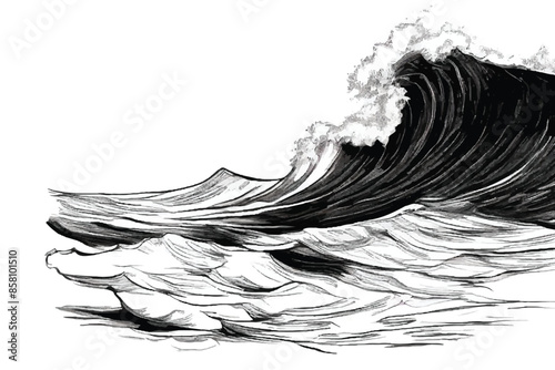 Sea waves sketch. Ocean wave hand drawn doodle illustration. Black and white sea waves. Storm on sea or ocean. Splash and swirl. Ocean wave. Vector illustration design. 