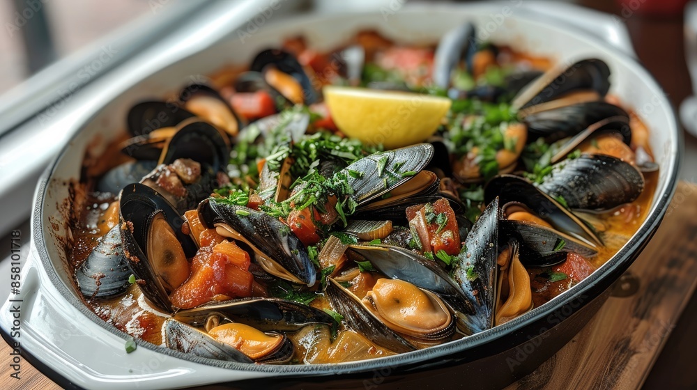 A beautiful casserole of mussels. Generative AI. A beautiful casserole of mussels. Generative AI.