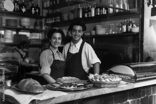 Vintage black and white photo of a friendly young couple owners of an Italian sandwich shop, 1950s.