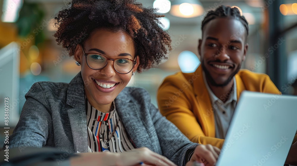 Happy multi ethnic business people working together and smiling while using a tablet during their meeting in the office. Generative AI. Happy multi ethnic business people working together and smiling while using a tablet during their meeting in the office. Generative AI.