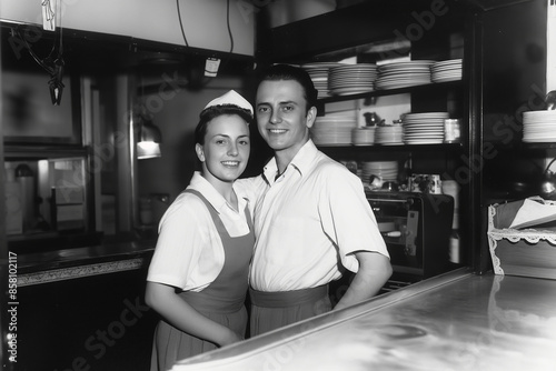 Vintage black and white photo of a friendly young couple owners of an Napolitan pizza shop, 1950s. photo