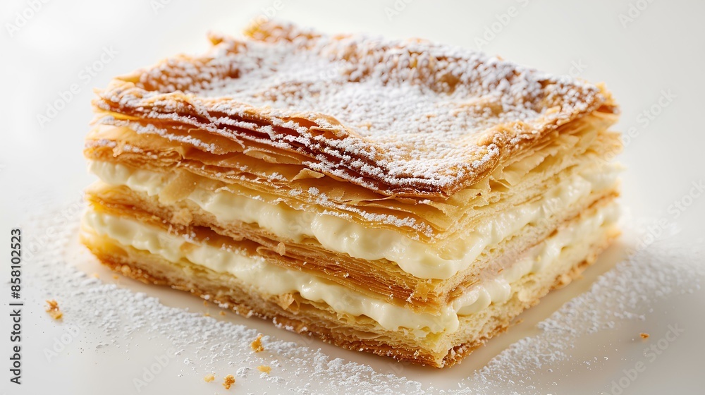 A delicate mille-feuille with layers of puff pastry and creamy filling, dusted with powdered sugar on a pristine white background.
A delicate mille-feuille with layers of puff pastry and creamy filling, dusted with powdered sugar on a pristine white background.
