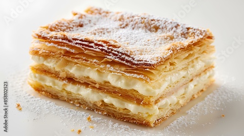 A delicate mille-feuille with layers of puff pastry and creamy filling, dusted with powdered sugar on a pristine white background.

