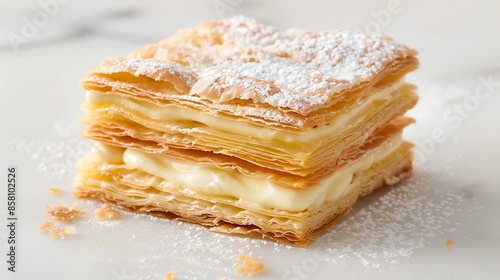 A delicate mille-feuille with layers of puff pastry and creamy filling, dusted with powdered sugar on a pristine white background.
 photo