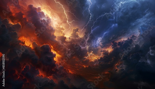 A dramatic scene of a fierce thunderstorm with lightning striking through dark, turbulent clouds in vivid colors.
 photo