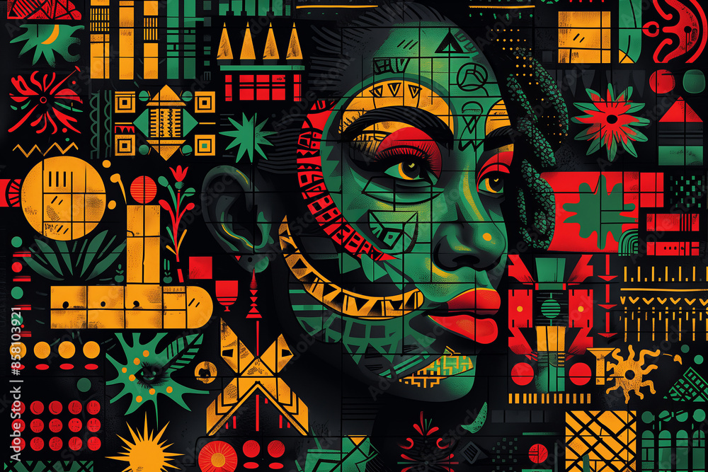 Obraz premium Mural depicting collage with a face of an African woman and various shapes in black, yellow, red and green colors.