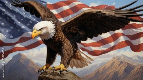 Generated Ai. A majestic bold eagle with the American flag in background.