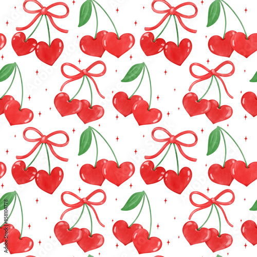 Coquette Cherries heart seamless pattern Retro vibrant watercolor illustration