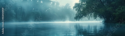 A tranquil riverbank with a gradient background shifting from deep teal to soft periwinkle