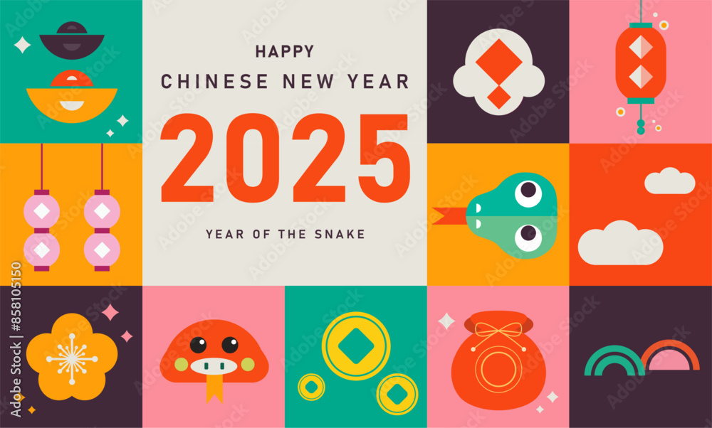 Fototapeta premium 2025 chinese new year, happy chinese new year 2025, year of the snake, Modern minimalist geometric style new year background, Colorful illustration vector cartoon style, chinese zodiac snake