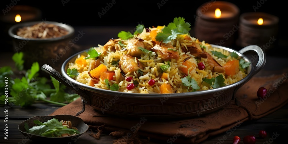 A delicious chicken biryani recipe with rice and vegetables. Concept Chicken Biryani Recipe, Rice and Vegetables, Delicious Dish, Spices and Herbs, Authentic Indian Cuisine