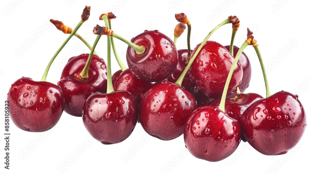 Photograph of a cluster of bright red cherries, their shiny skins and juicy sweetness tempting the viewer against a transparent background. Photograph of a cluster of bright red cherries, their shiny skins and juicy sweetness tempting the viewer against a transparent background.