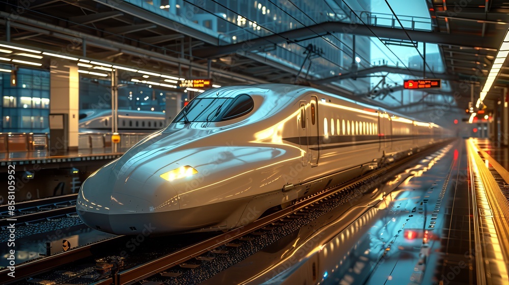 A sleek high-speed train stationed in a modern train station illuminated by bright lights, embodying speed, innovation, and the promise of quick travel. A sleek high-speed train stationed in a modern train station illuminated by bright lights, embodying speed, innovation, and the promise of quick travel.