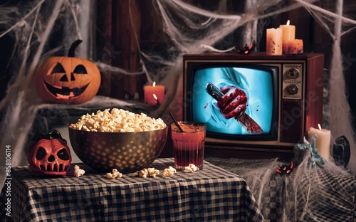 A classic horror movie marathon setup with a vintage TV, popcorn, and Halloween decorations, Halloween photo