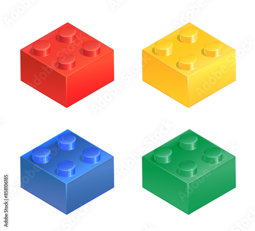 Set of 4 Colors Plastic Building Blocks in Isometric - Stock Illustration