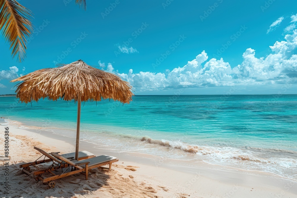 A serene beach scene with golden sand, clear blue waters, and a beach umbrella casting shade over a lounge chair. A serene beach scene with golden sand, clear blue waters, and a beach umbrella casting shade over a lounge chair.