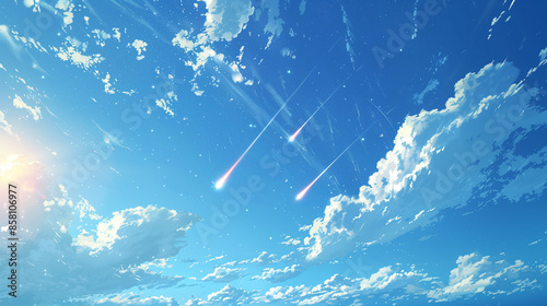 3 shooting stars in the blue sky with clouds
