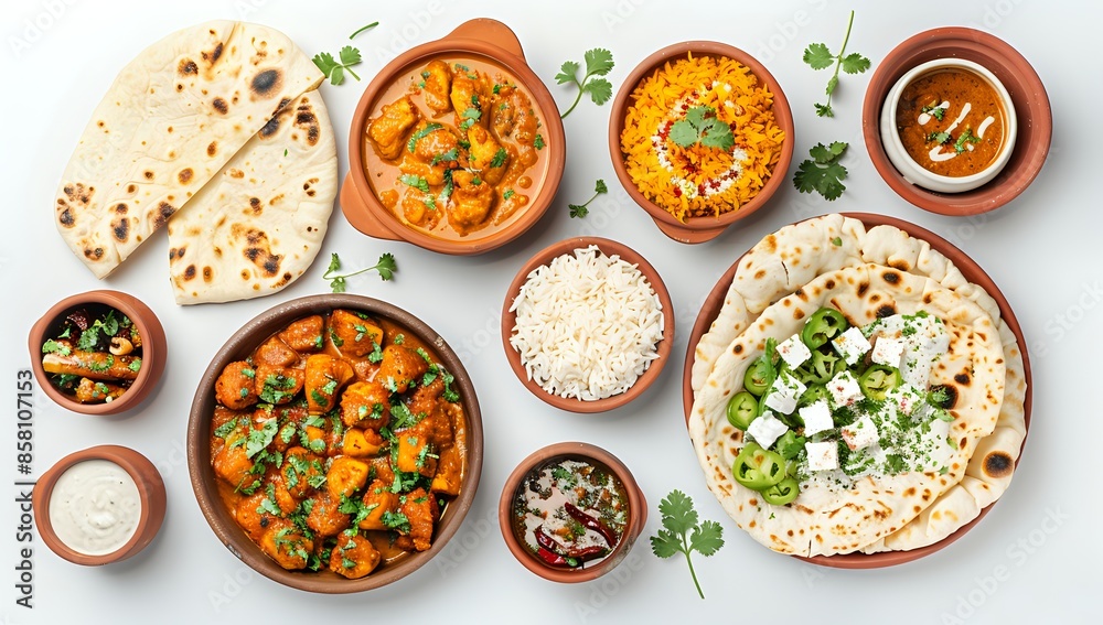 Assorted Indian Food: Naan, Curry Bowls on White Background Assorted Indian Food: Naan, Curry Bowls on White Background