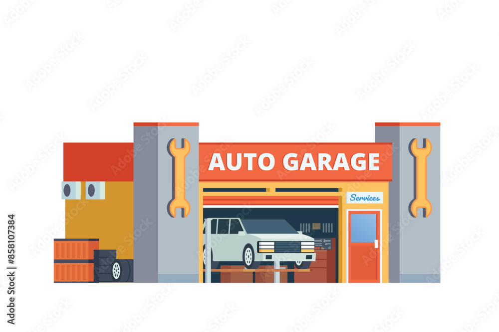 Vector detailed auto garage building flat design illustration	
