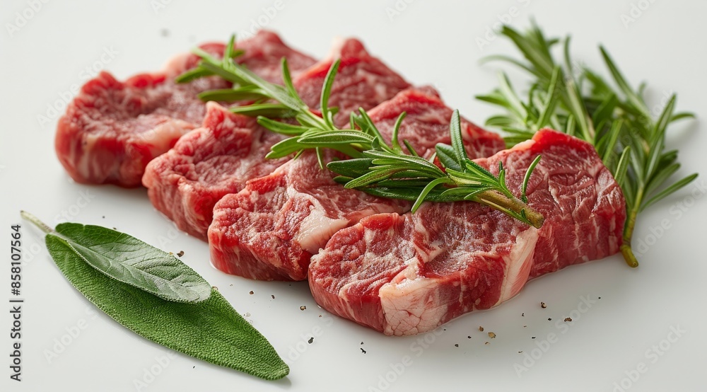 Raw pork, cooked, decorated, vegetables, tomatoes, lemons, etc. arranged cut into bone-in pieces on a white plate. Raw pork, cooked, decorated, vegetables, tomatoes, lemons, etc. arranged cut into bone-in pieces on a white plate.