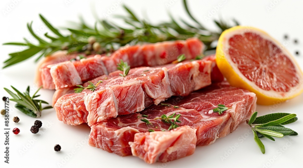 Raw pork, cooked, decorated, vegetables, tomatoes, lemons, etc. arranged cut into bone-in pieces on a white plate. Raw pork, cooked, decorated, vegetables, tomatoes, lemons, etc. arranged cut into bone-in pieces on a white plate.