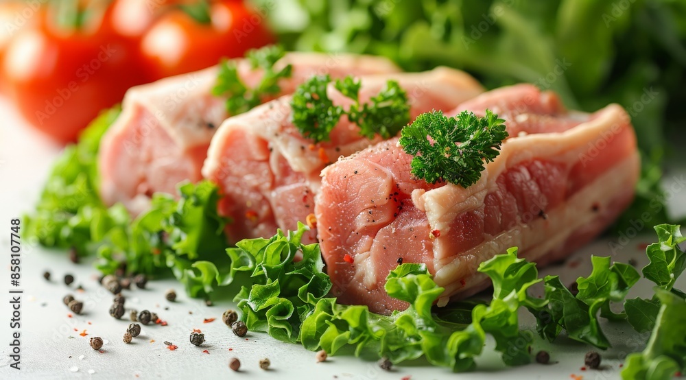 Raw pork, cooked, decorated, vegetables, tomatoes, lemons, etc. arranged cut into bone-in pieces on a white plate. Raw pork, cooked, decorated, vegetables, tomatoes, lemons, etc. arranged cut into bone-in pieces on a white plate.