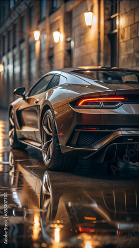 A sleek, brown sports car parked on a wet street. Reflection of the car in the rain-soaked pavement. photo