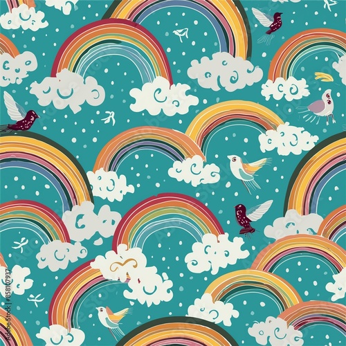 Seamless rainbow and bird pattern 3