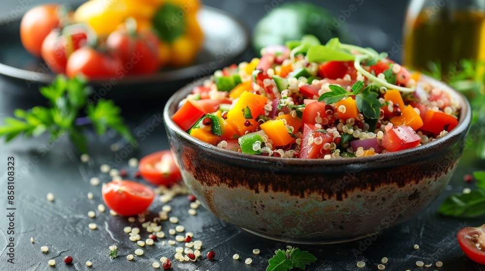 healthy meal with vibrant veggies and quinoa served in a bowl, ideal for promoting a nutritious diet, with room for text nearby healthy meal with vibrant veggies and quinoa served in a bowl, ideal for promoting a nutritious diet, with room for text nearby