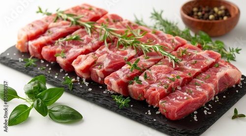 Raw pork, cooked, decorated, vegetables, tomatoes, lemons, etc. arranged cut into bone-in pieces on a white plate.