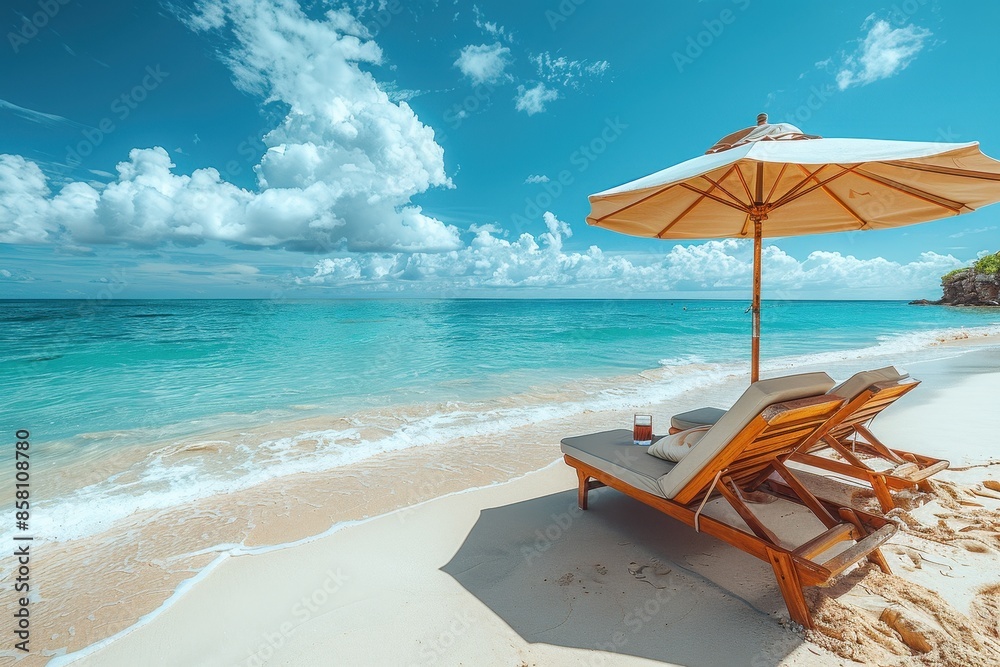 A serene beach scene with golden sand, clear blue waters, and a beach umbrella casting shade over a lounge chair. A serene beach scene with golden sand, clear blue waters, and a beach umbrella casting shade over a lounge chair.