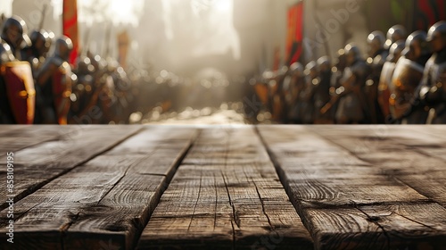 a close up of a rustic empty wooden table with blurred medieval knights background