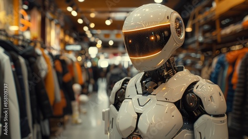 Wallpaper Mural A modern white robot with a smooth design stands in a brightly lit clothing store, representing advanced technology and human-robot interaction in a retail environment. Torontodigital.ca