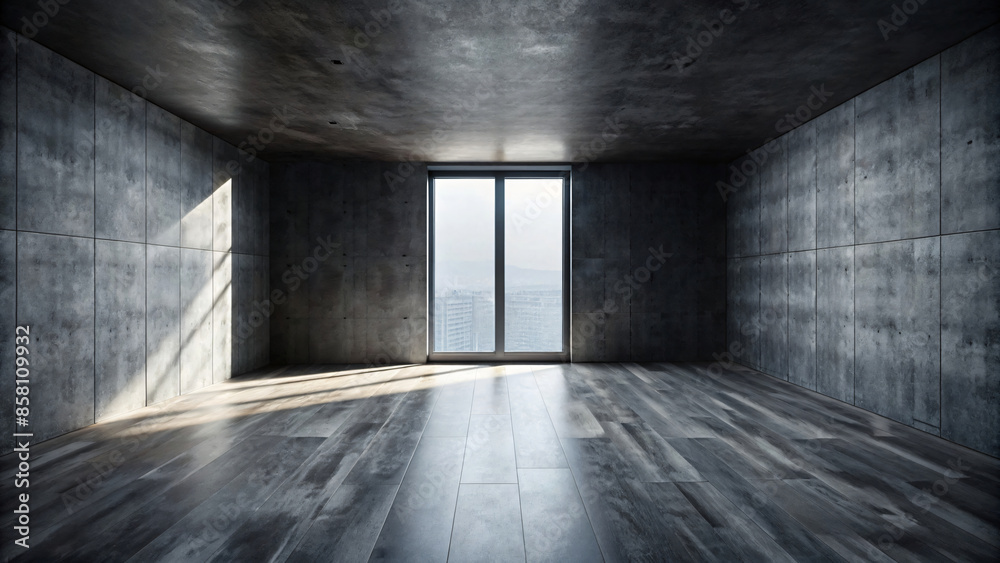 Empty room interior with bare floor, wall and window offering light and a view Empty room interior with bare floor, wall and window offering light and a view