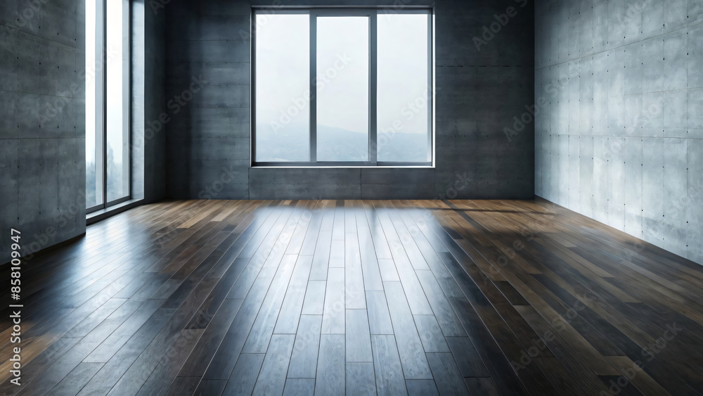 Empty room interior with bare floor, wall and window offering light and a view Empty room interior with bare floor, wall and window offering light and a view