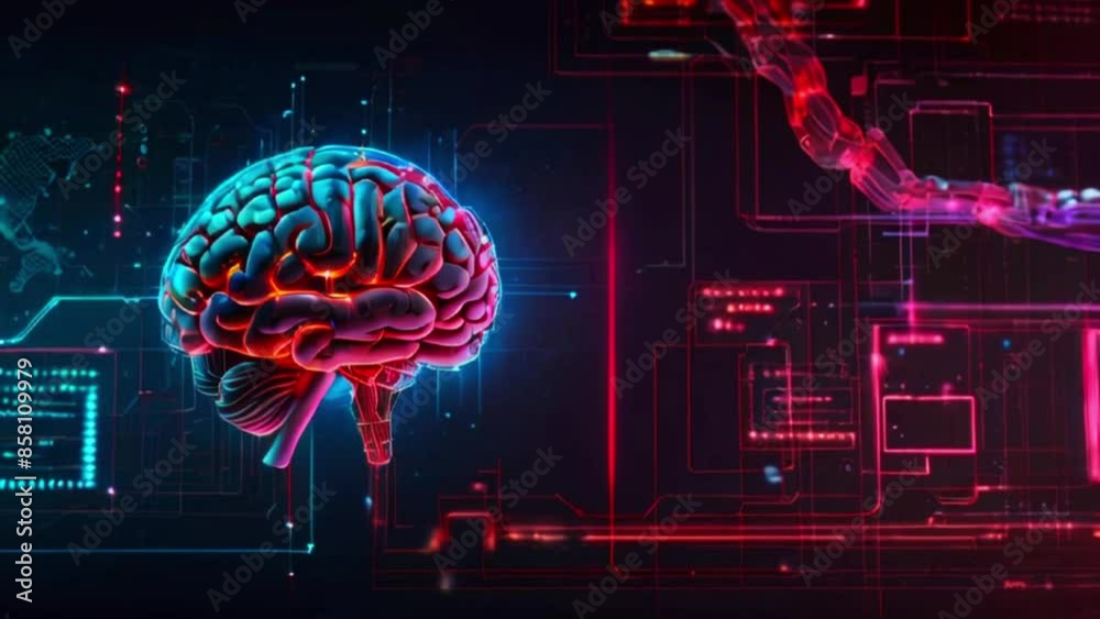 This is a digital illustration of a brain against a dark background with red and blue highlights.