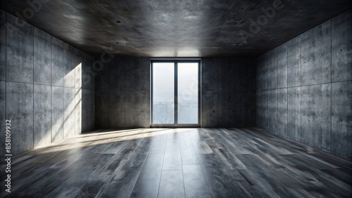 Empty room interior with bare floor, wall and window offering light and a view
