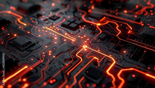 Wallpaper Mural Close-up of Computer Circuit Board with Red Glowing Lines Torontodigital.ca