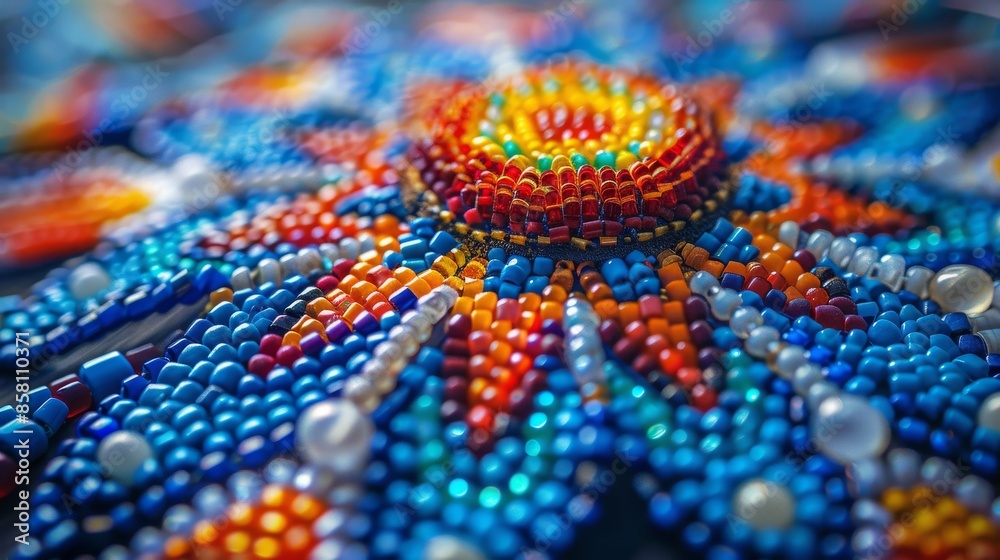 A highly detailed image showcasing a mesmerizing radial pattern in vibrant beaded artwork, reflecting the beauty and intricacy of handcrafted art pieces. A highly detailed image showcasing a mesmerizing radial pattern in vibrant beaded artwork, reflecting the beauty and intricacy of handcrafted art pieces.