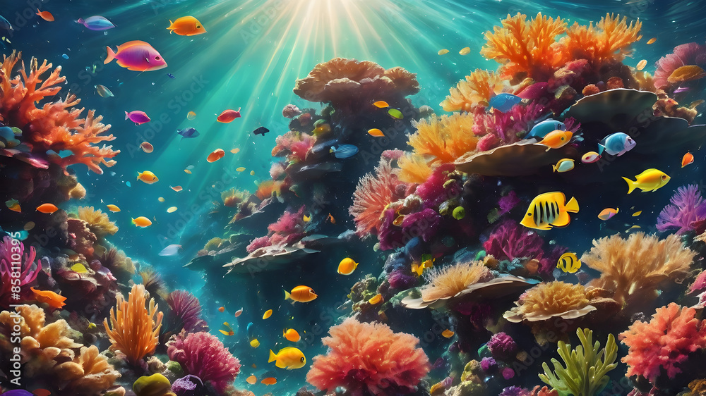 An underwater scene of a vibrant coral reef. Colorful fish swim among the corals, and sunlight filters through the water, creating a beautiful play of light and shadows. An underwater scene of a vibrant coral reef. Colorful fish swim among the corals, and sunlight filters through the water, creating a beautiful play of light and shadows.